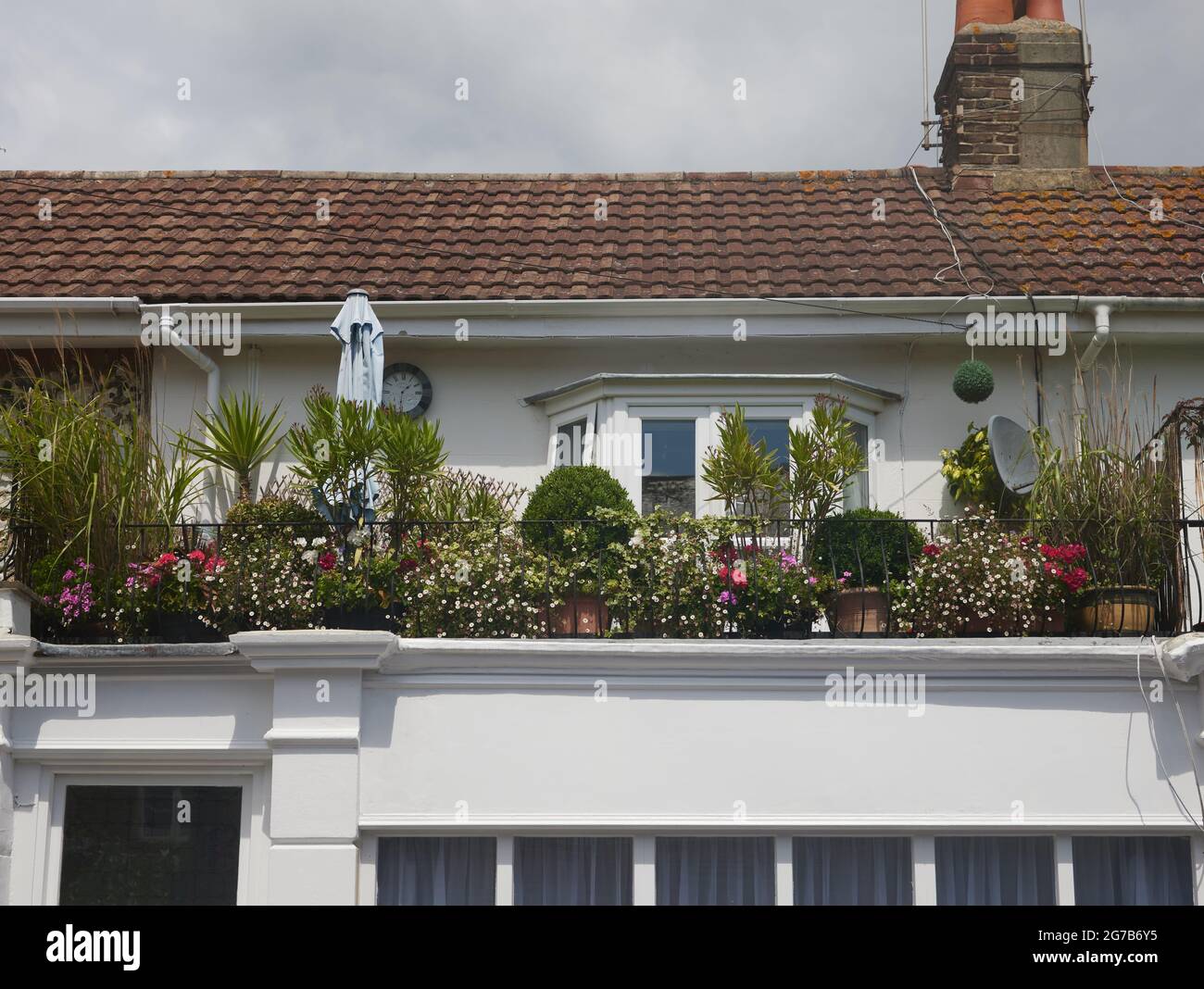 Roof terrace on the topfloor of a house in England, UK, seen planted with garden plants in summer 2021. Stock Photo
