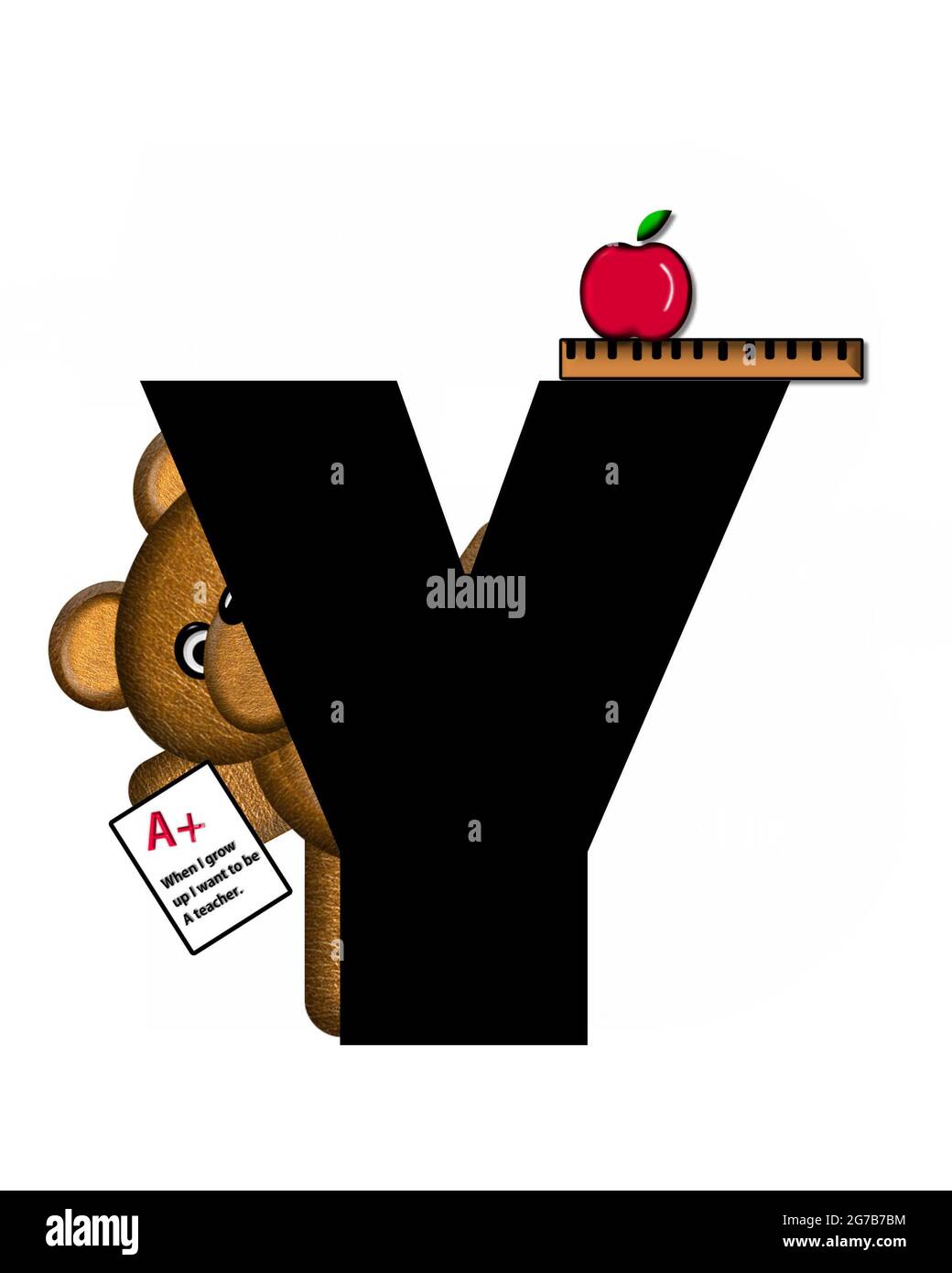 The letter Y, in the alphabet set 'Teddy School Daze,' is black with ruler and apple sitting on letter.  Borwn Teddy Bear decorates letter and is hold Stock Photo