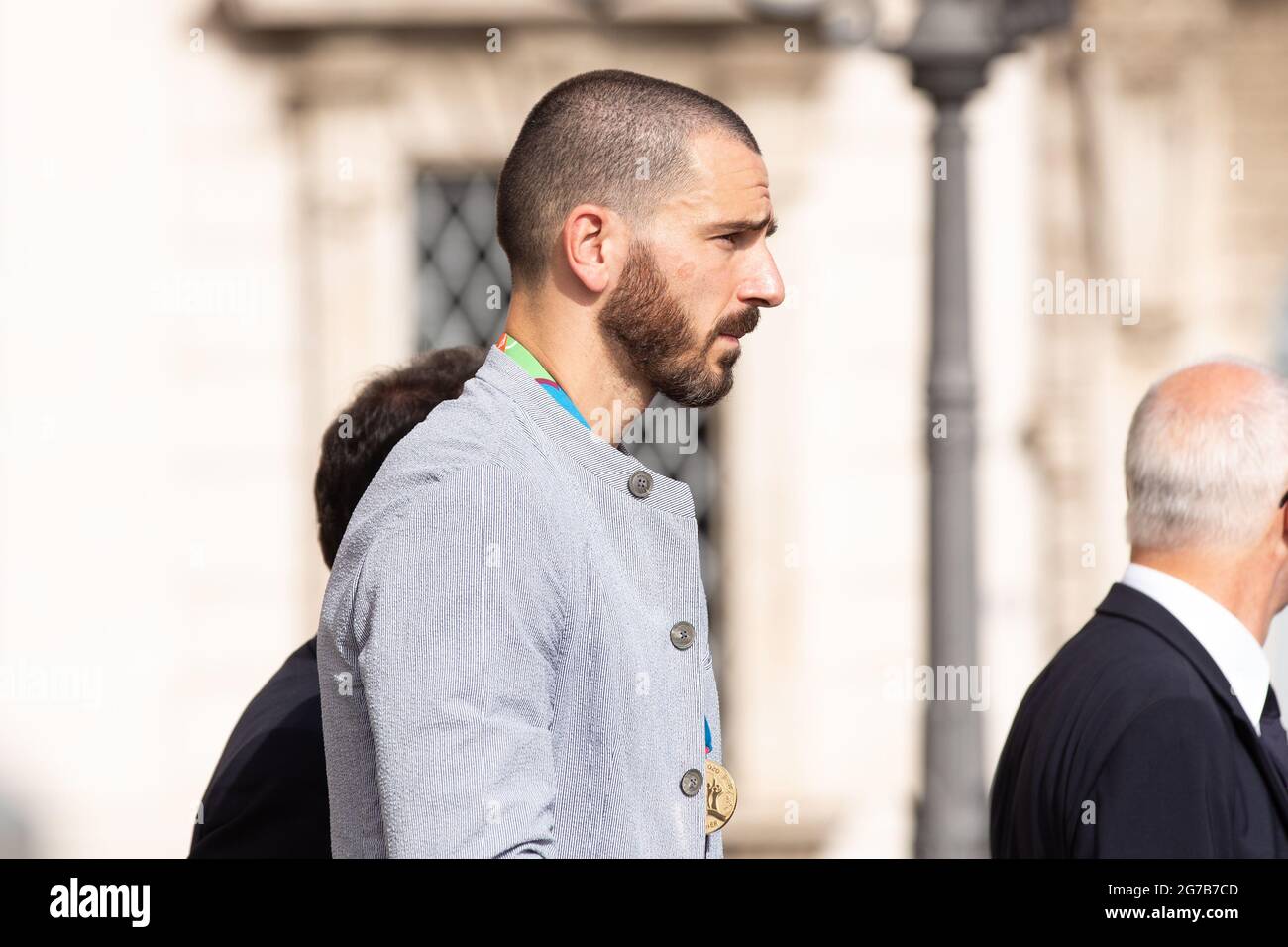Rome, Italy. 12th July, 2021. Leonardo Bonuccithe player of the Italian National Football Team enter the Quirinal Palace in Rome to visit the President of the Republic Sergio Mattarella after the victory of the European Football Championships, raising the cup won to the sky. The Italian tennis player Matteo Berrettini, finalist at the Wimbledon tournament, also attended the ceremony (Photo by Matteo Nardone/Pacific Press/Sipa USA) Credit: Sipa USA/Alamy Live News Stock Photo