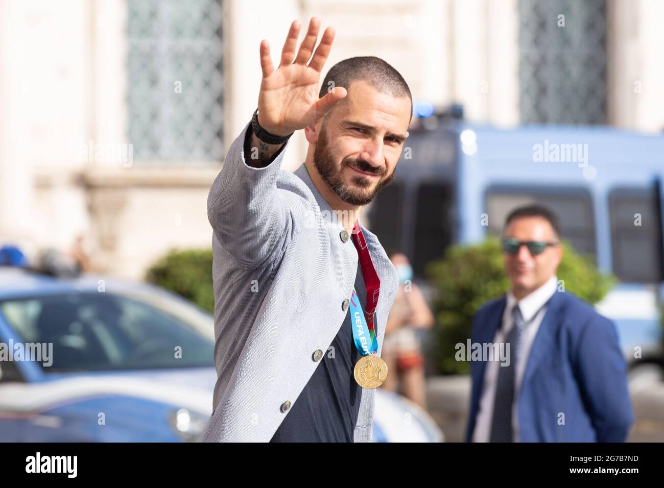 Rome, Italy. 12th July, 2021. Leonardo Bonuccithe player of the Italian National Football Team enter the Quirinal Palace in Rome to visit the President of the Republic Sergio Mattarella after the victory of the European Football Championships, raising the cup won to the sky. The Italian tennis player Matteo Berrettini, finalist at the Wimbledon tournament, also attended the ceremony (Photo by Matteo Nardone/Pacific Press/Sipa USA) Credit: Sipa USA/Alamy Live News Stock Photo