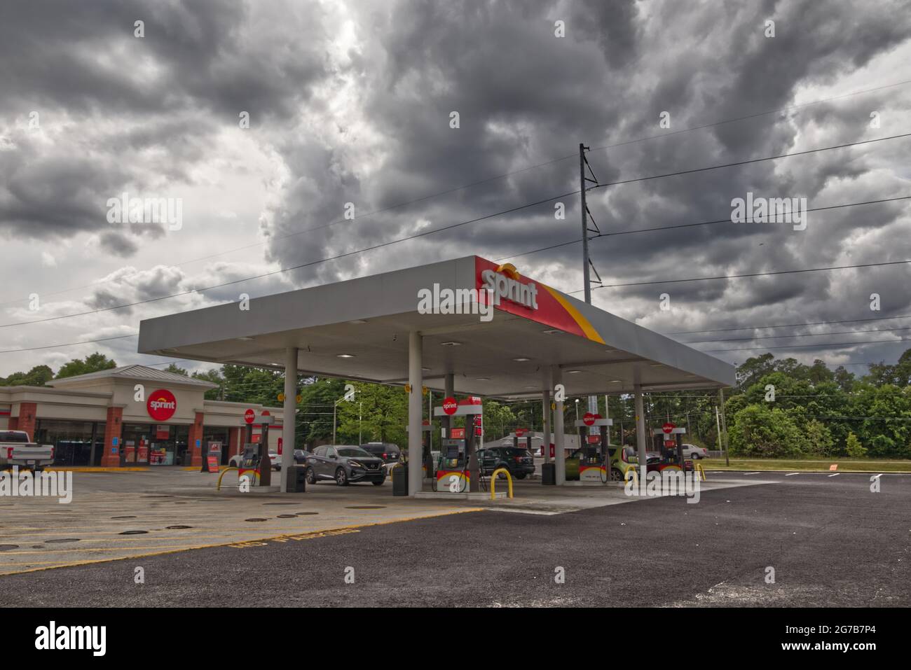 Augusta, Ga USA 04 15 21 Distant corner view of Sprint gas station