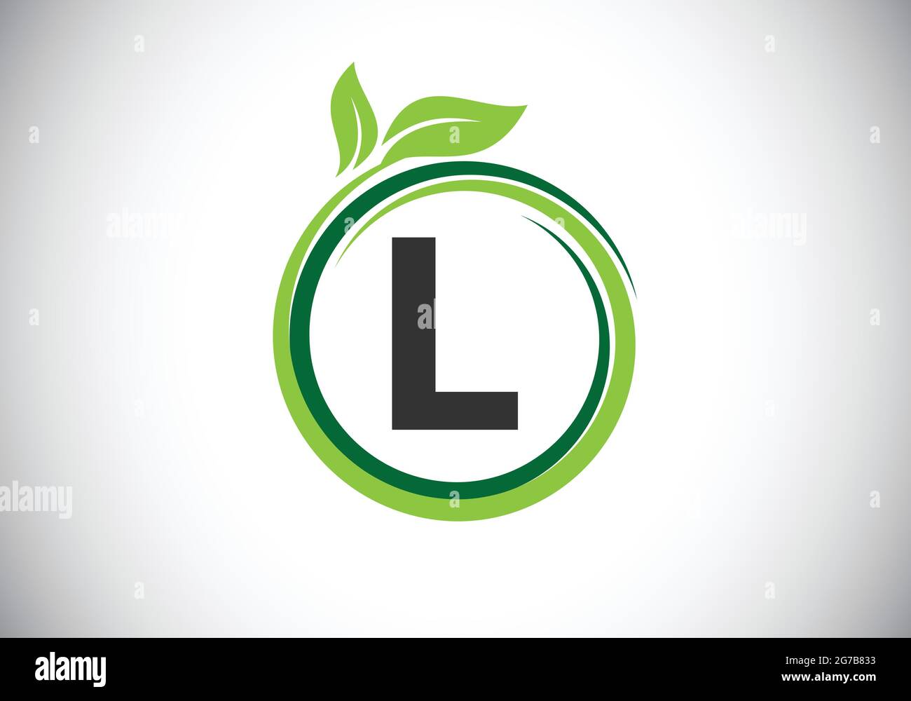 Initial L monogram letter alphabet in a spiral with green leaves. Font emblem. Nature icon sign symbol. Stock Vector