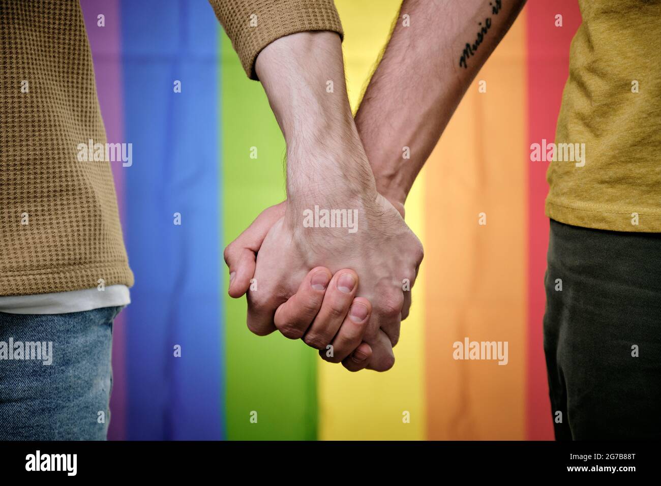 Gay couple holding hands when standing against LGBT rainbow flag Stock Photo