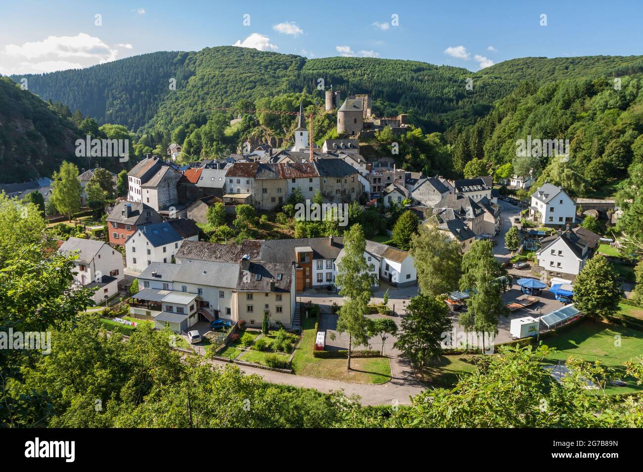 Scenic view of a quaint and beautiful little town in the mountains of Luxembourg. The town is