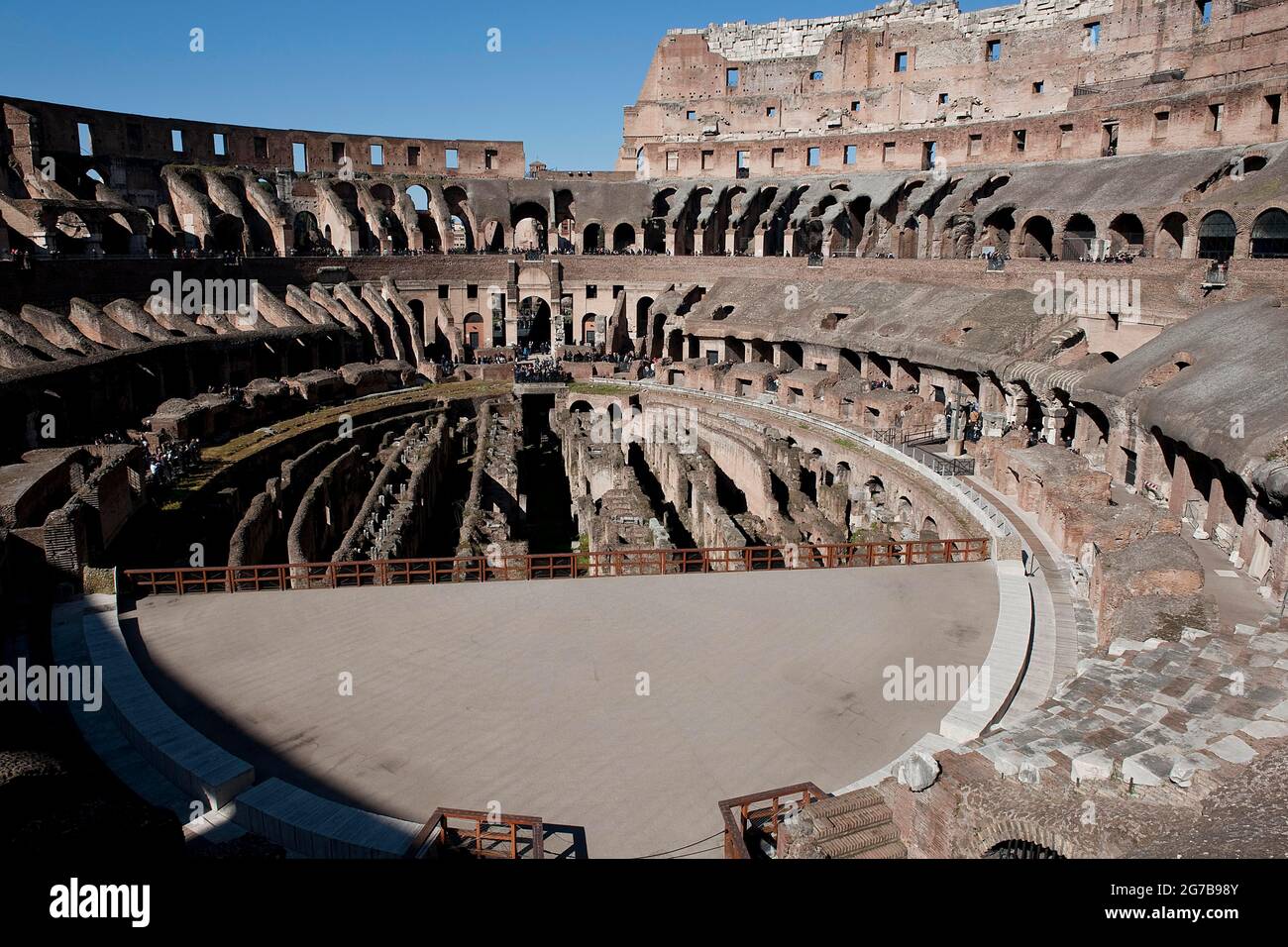 Grandstands and partially restored arena, stage in interior of Colosseum, Rome, Lazio, Italy Stock Photo