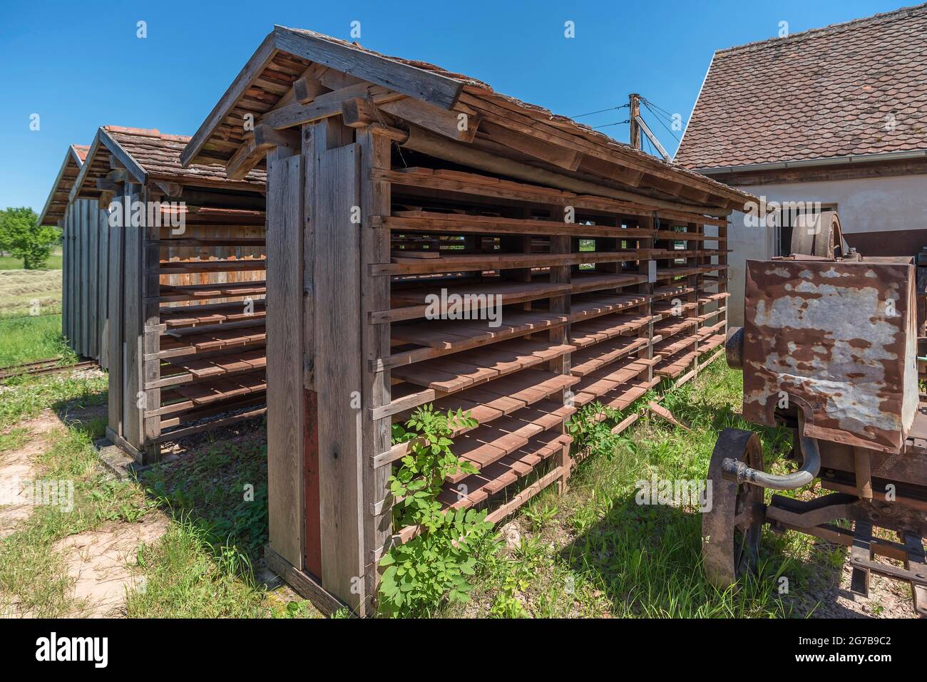 Drying racks of the finished roof tiles, produced in the brickworks, 19th century, Franconian Open Air Museum, Bad Windsheim, Middle Franconia Stock Photo