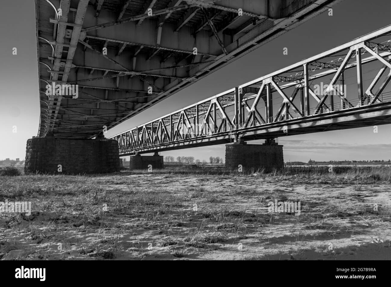 The 'Lisewski' or 'Tczewski' bridge over the Vistula River. B&W, bottom view, Tczew, Dirschau, Pomerania, Poland Stock Photo