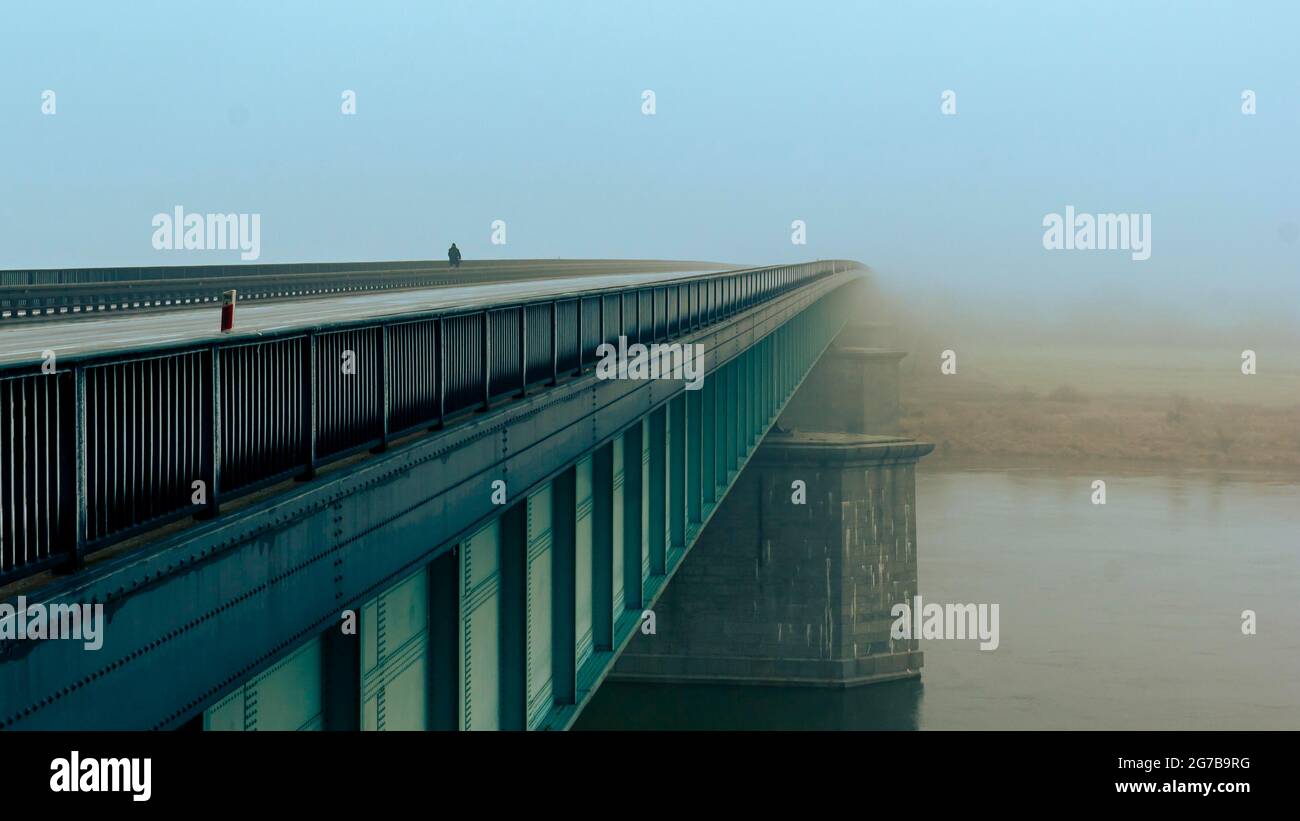 The 'Knybawski' Bridge over Vistula River, fog, Tczew, Dirschau, Pomerania, Poland Stock Photo