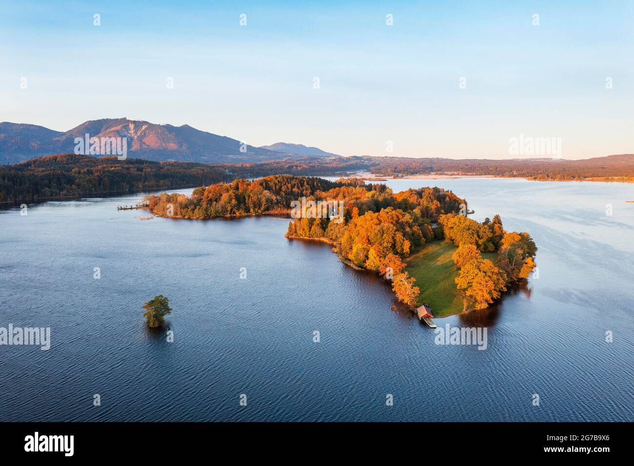 Island Woerth, Staffelsee, morning light in autumn, drone shot, foothills of the Alps, Upper Bavaria, Bavaria, Germany Stock Photo