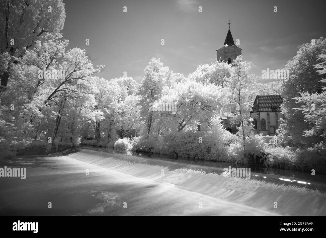 Infrared image, barrage of the river Rems, floodplain, Nikollauskirche behind, Waiblingen, Baden-Wuerttemberg, Germany Stock Photo