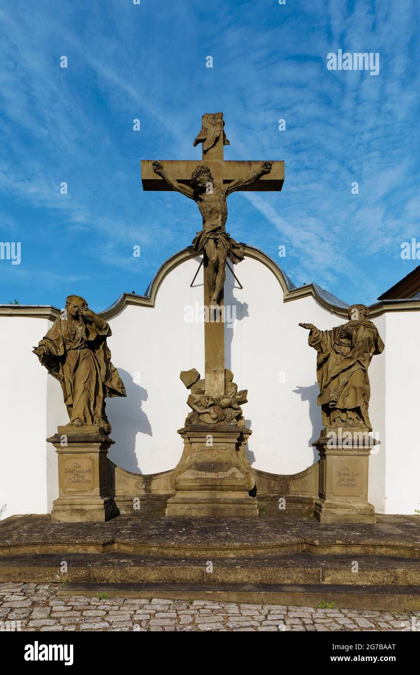 Crucifixion group, depiction of Virgin Mary, Jesus and Johannes, Wiesentheid, Lower Franconia, Franconia, Bavaria, Germany Stock Photo
