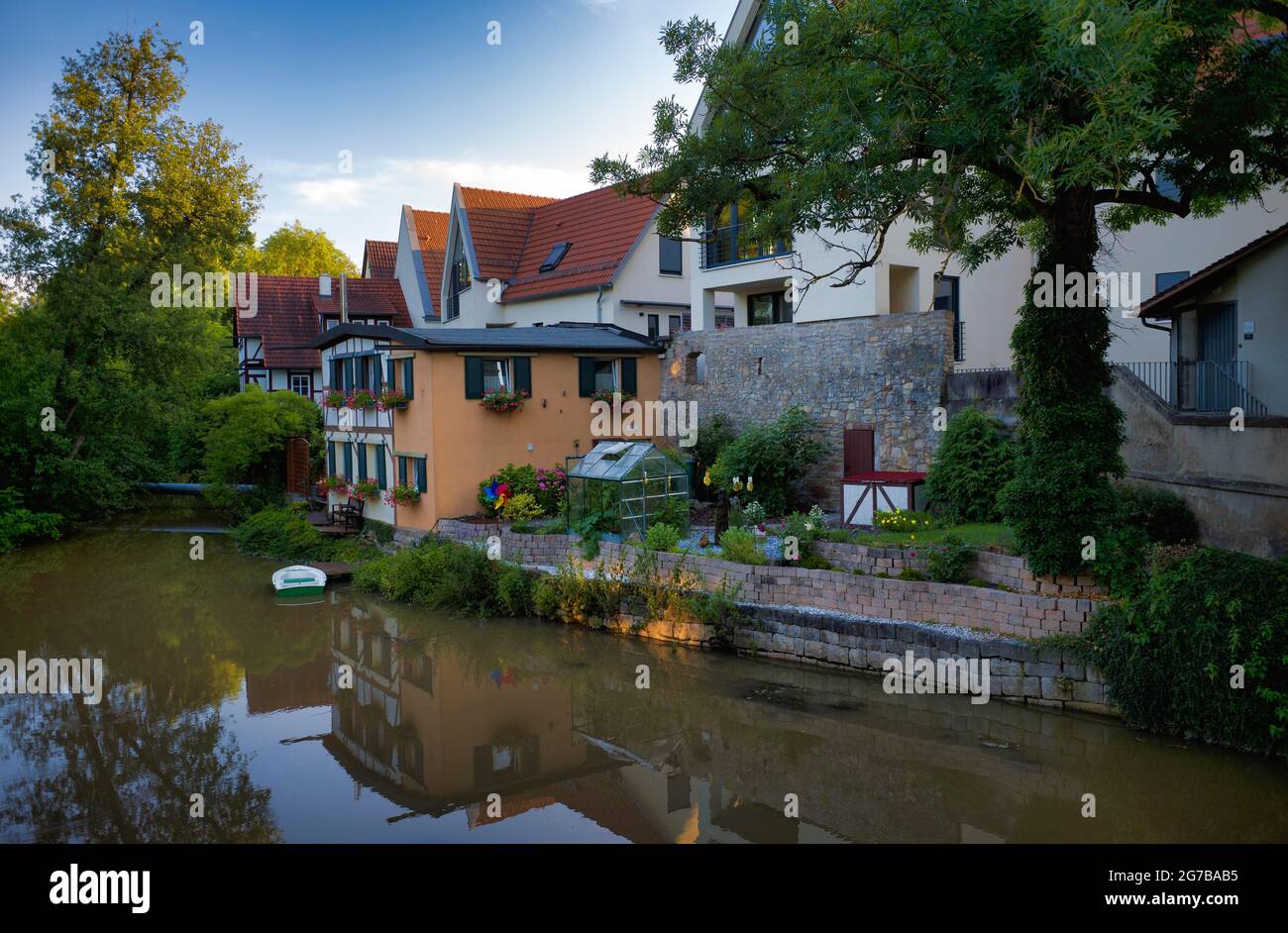 View from Beinsteiner Tor over the river Rems to the Swan Island, former city wall, Waiblingen, Baden-Wuerttemberg, Germany Stock Photo