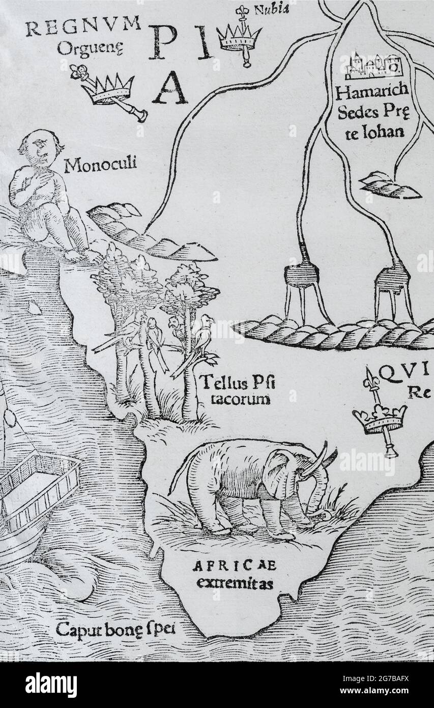Elephant and one-eyed giant (Monoculi), detail, earliest printed map of the entire African continent, woodcut by Sebastian Muenster from Cosmographia Stock Photo