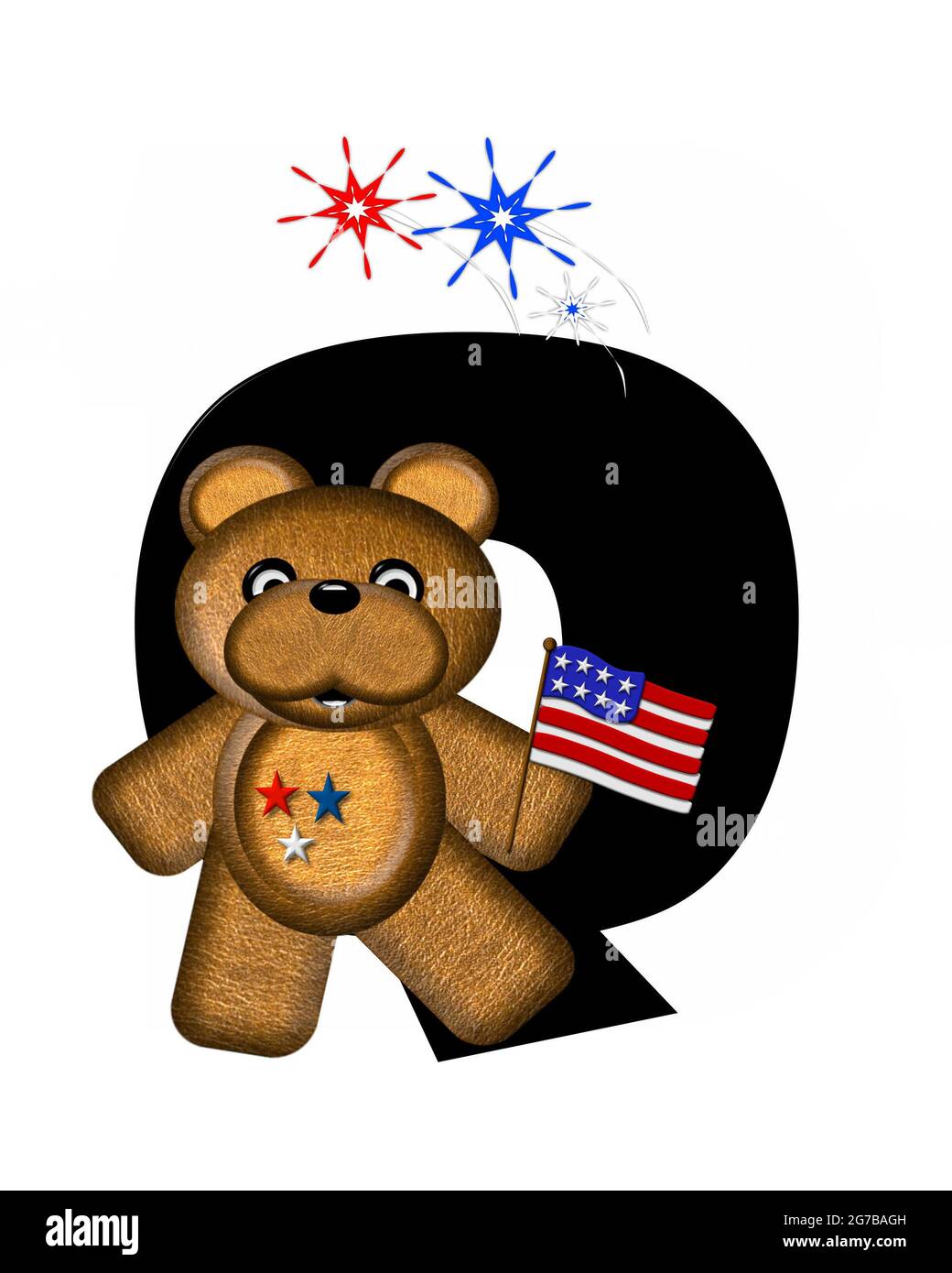 The Letter Q In The Alphabet Set Teddy 4th Of July Is Black Brown Teddy Bear Holds American Flag Fireworks In Red White And Blue Explode Arou Stock Photo Alamy
