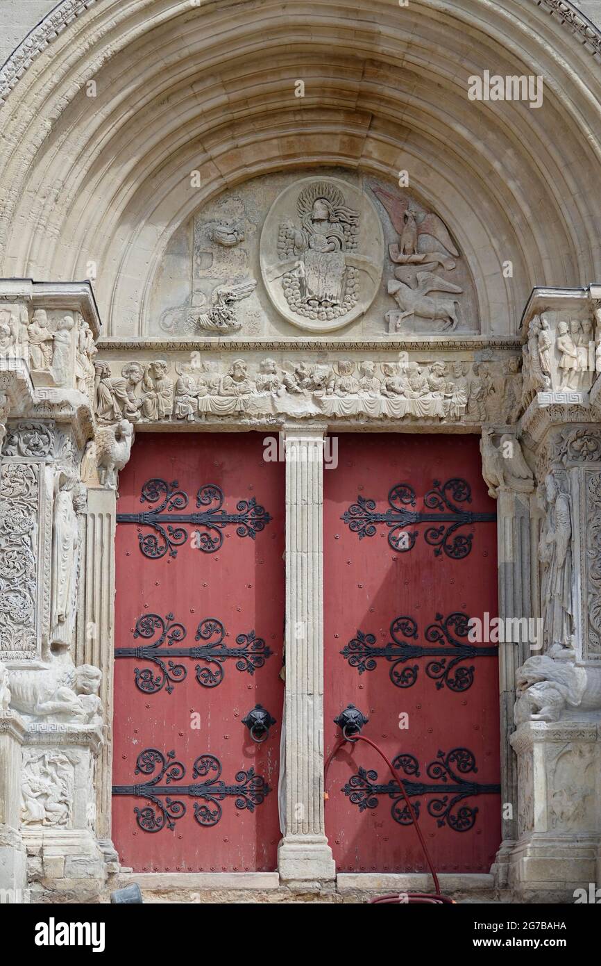 Main portal main facade Romanesque abbey church Eglise abbatiale Saint-Gilles, Saint-Gilles-du-Gard, Gard department, Occitanie region, France Stock Photo