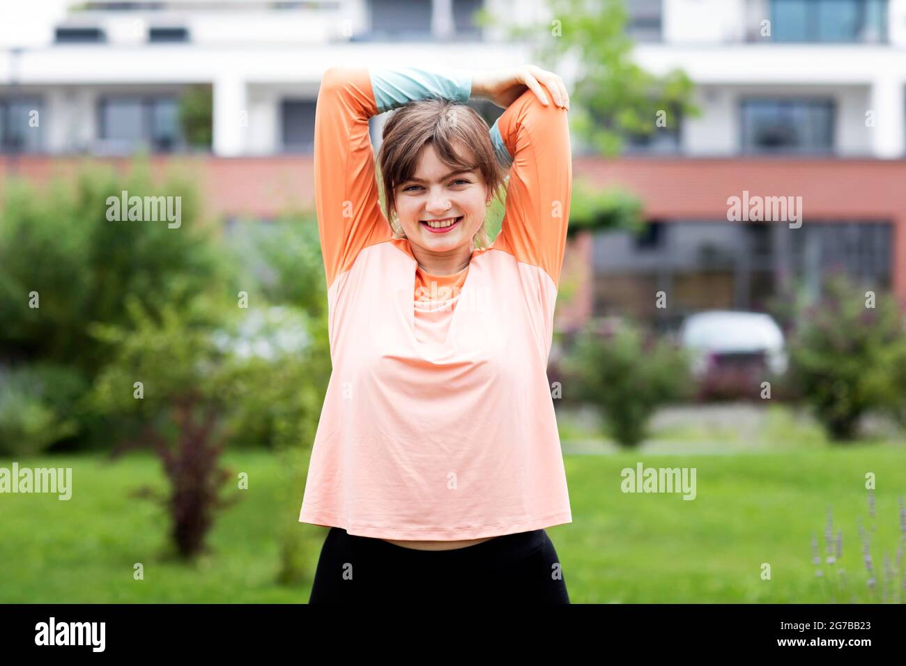 Young woman doing fitness training, Baden-Wuerttemberg, Germany Stock Photo