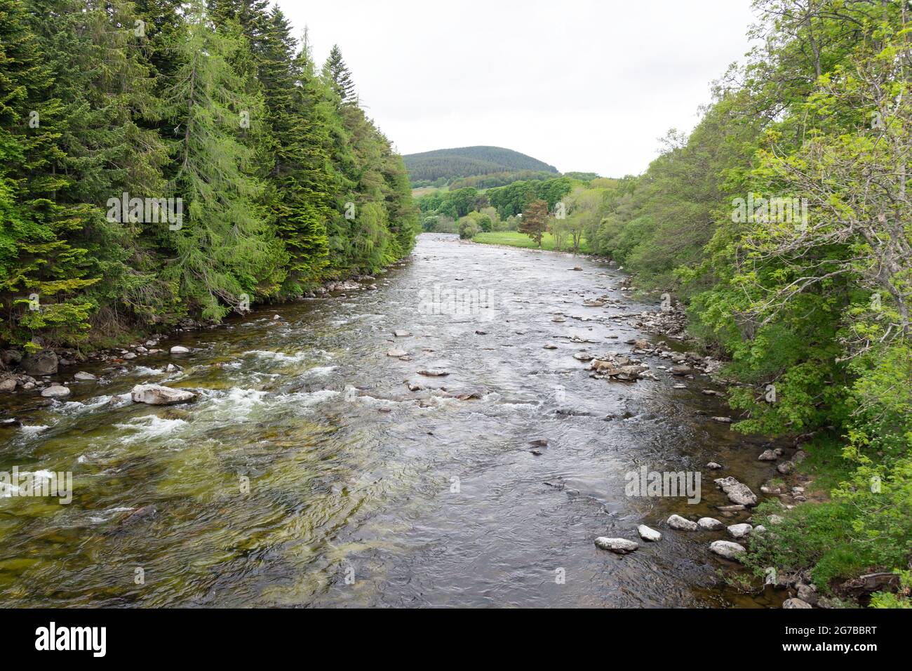 River Dee at entrance to Balmoral Castle and Gardens, Royal Deeside, Aberdeenshire, Scotland, United Kingdom Stock Photo