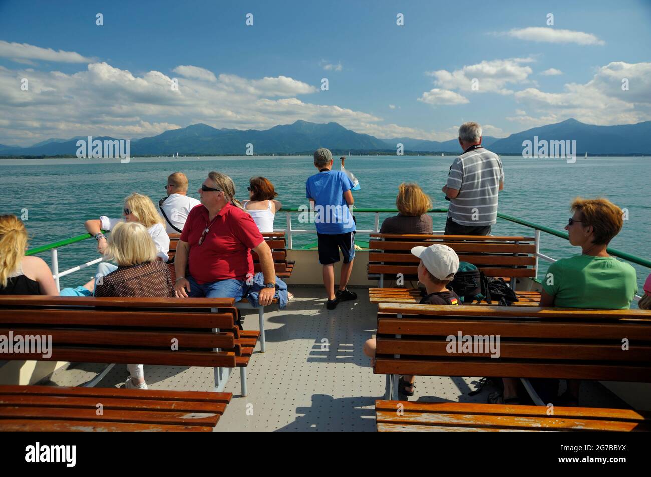 Chiemsee, vacationer on excursion boat of the Chiemsee Schifffahrt, August, Chiemgau, Bavaria, Germany Stock Photo