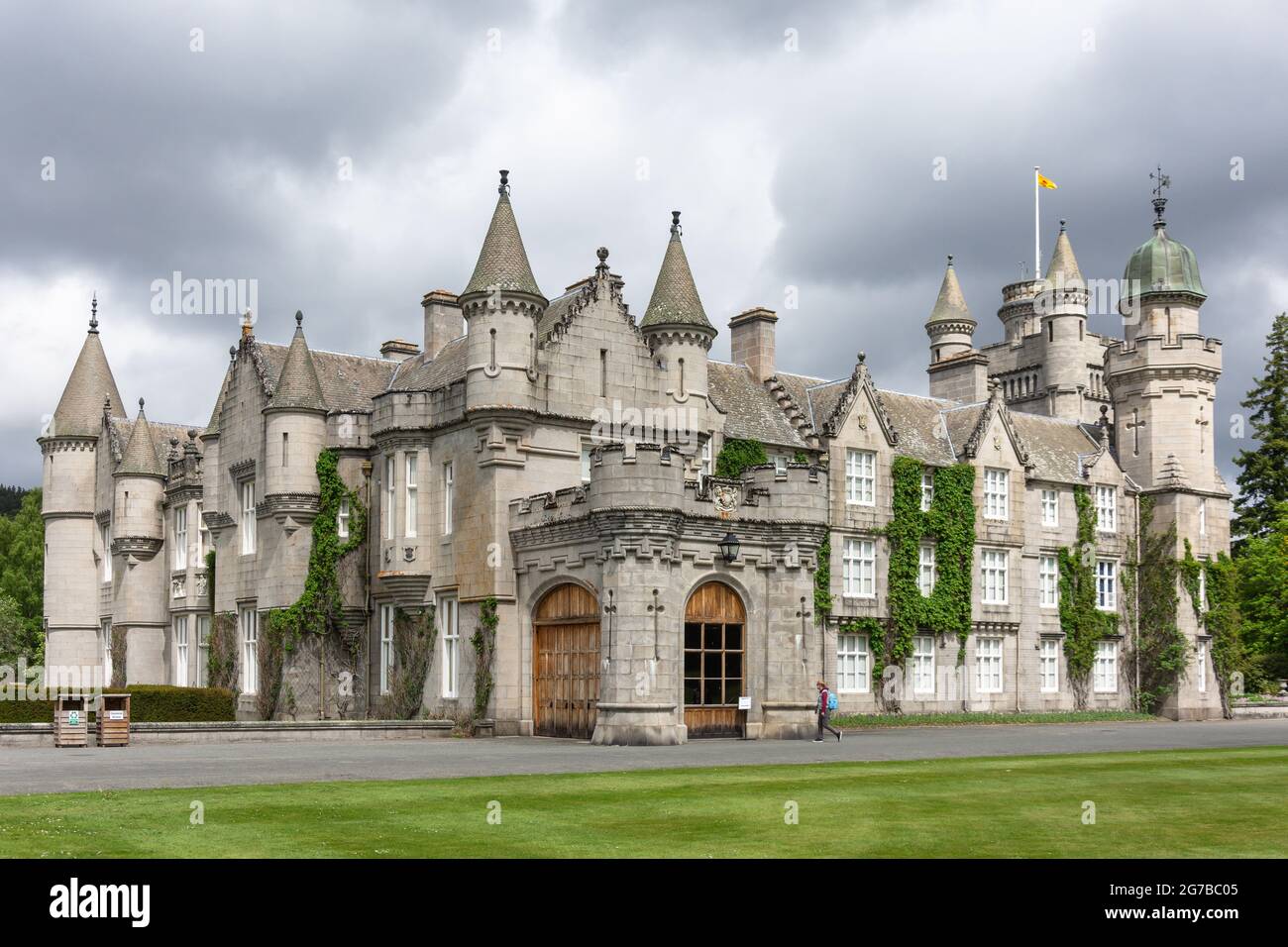 Balmoral Castle and Gardens from South Lawn, Royal Deeside, Aberdeenshire, Scotland, United Kingdom Stock Photo