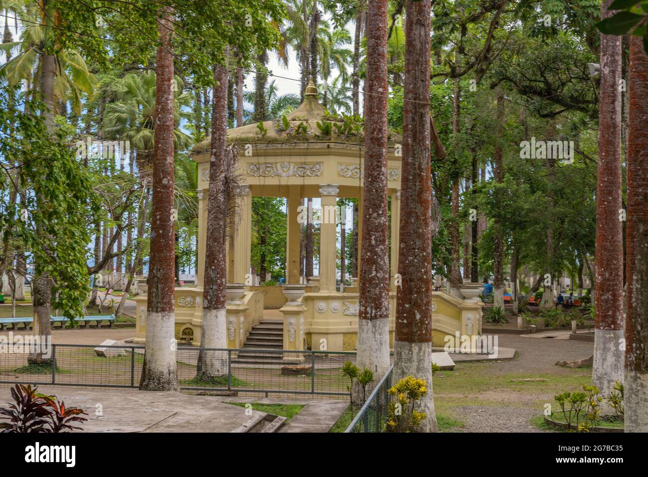 Yellow pavilion in Parque Vargas, City Park in Puerto Limon, Costa Rica Stock Photo
