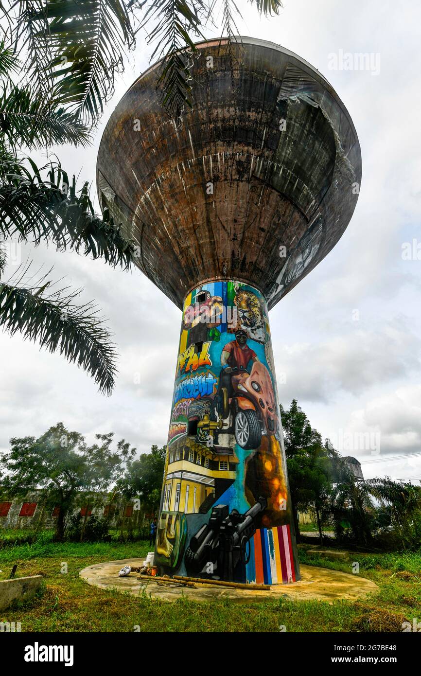 Wall murals on a water tower, Calabar, Niger delta, Nigeria Stock Photo