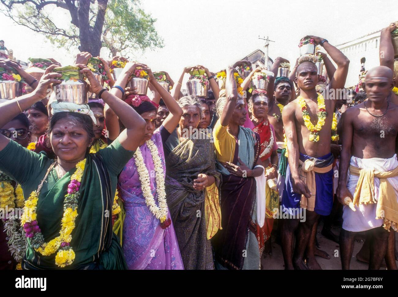 Women devotees carrying vessel of milk pot to Palani temple on Thai Poosam day, Tamil Nadu, India Stock Photo