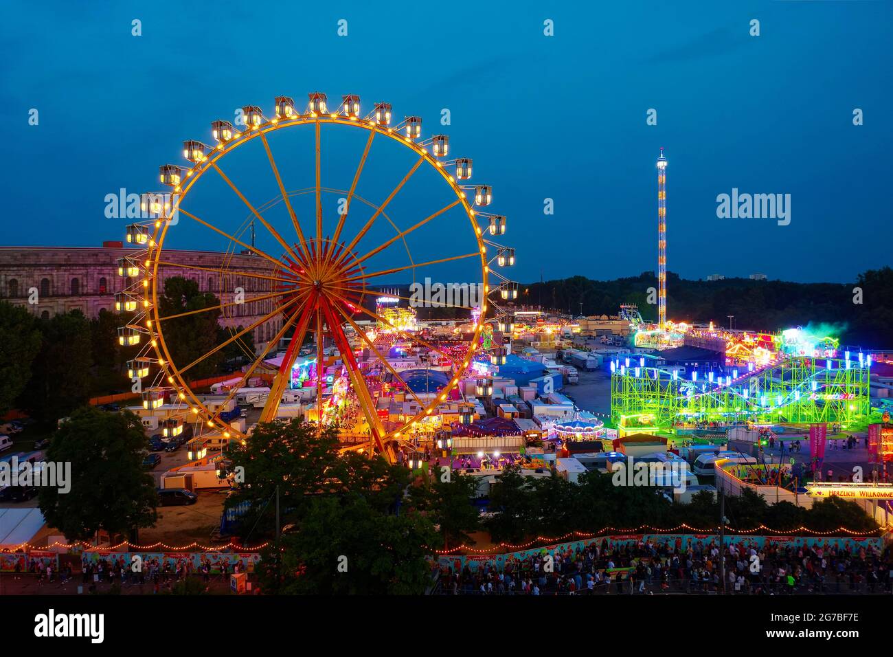 Aerial view, night shot, Nuremberg folk festival NuernBaerLand with Ferris wheel, during Corona pandemic, fairground, Nuremberg, Middle Franconia Stock Photo