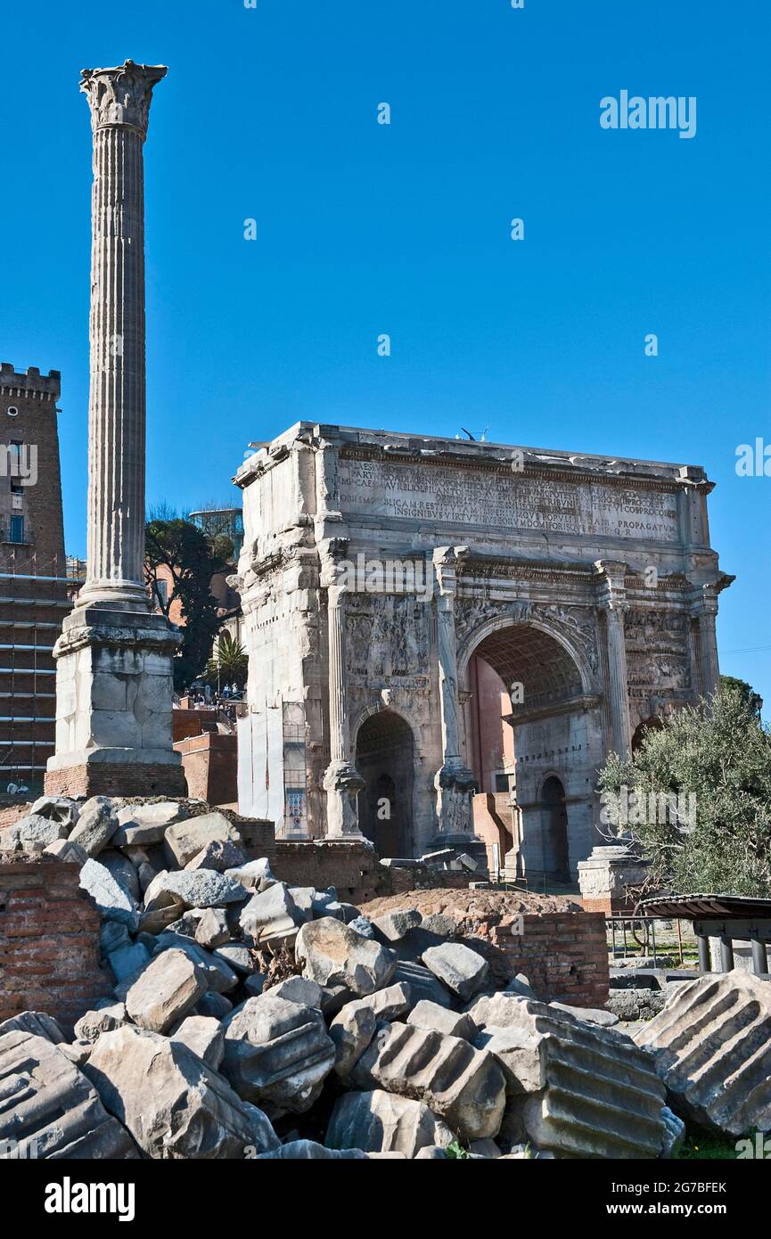 Triumphal Arch of Septimius Severus, Roman Forum, Rome, Italy Stock Photo