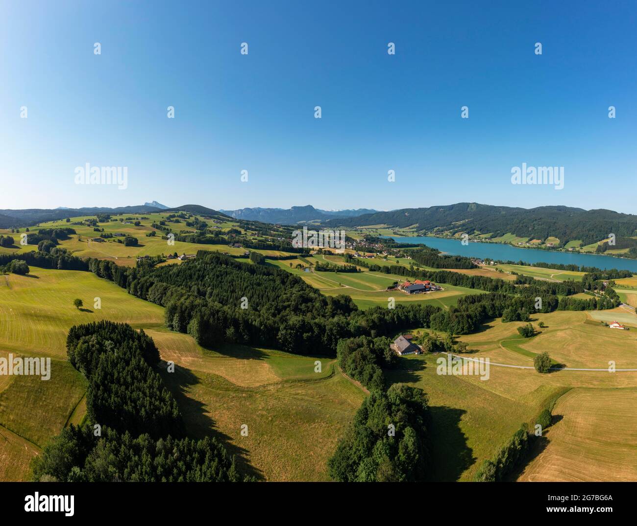 Drone image, agricultural landscape, Zell am Moos am Irrsee, Salzkammergut, Upper Austria, Austria Stock Photo