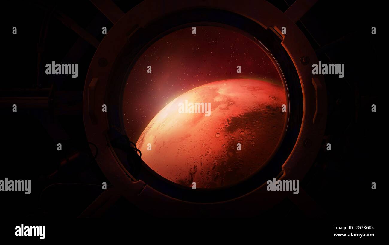 View of Mars from a spaceship porthole. 3D render Stock Photo