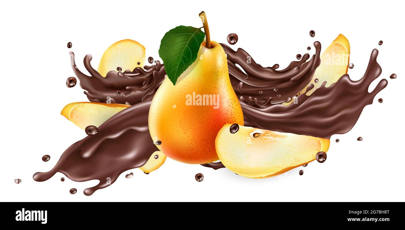 Splash of liquid chocolate and fresh pears. Stock Photo