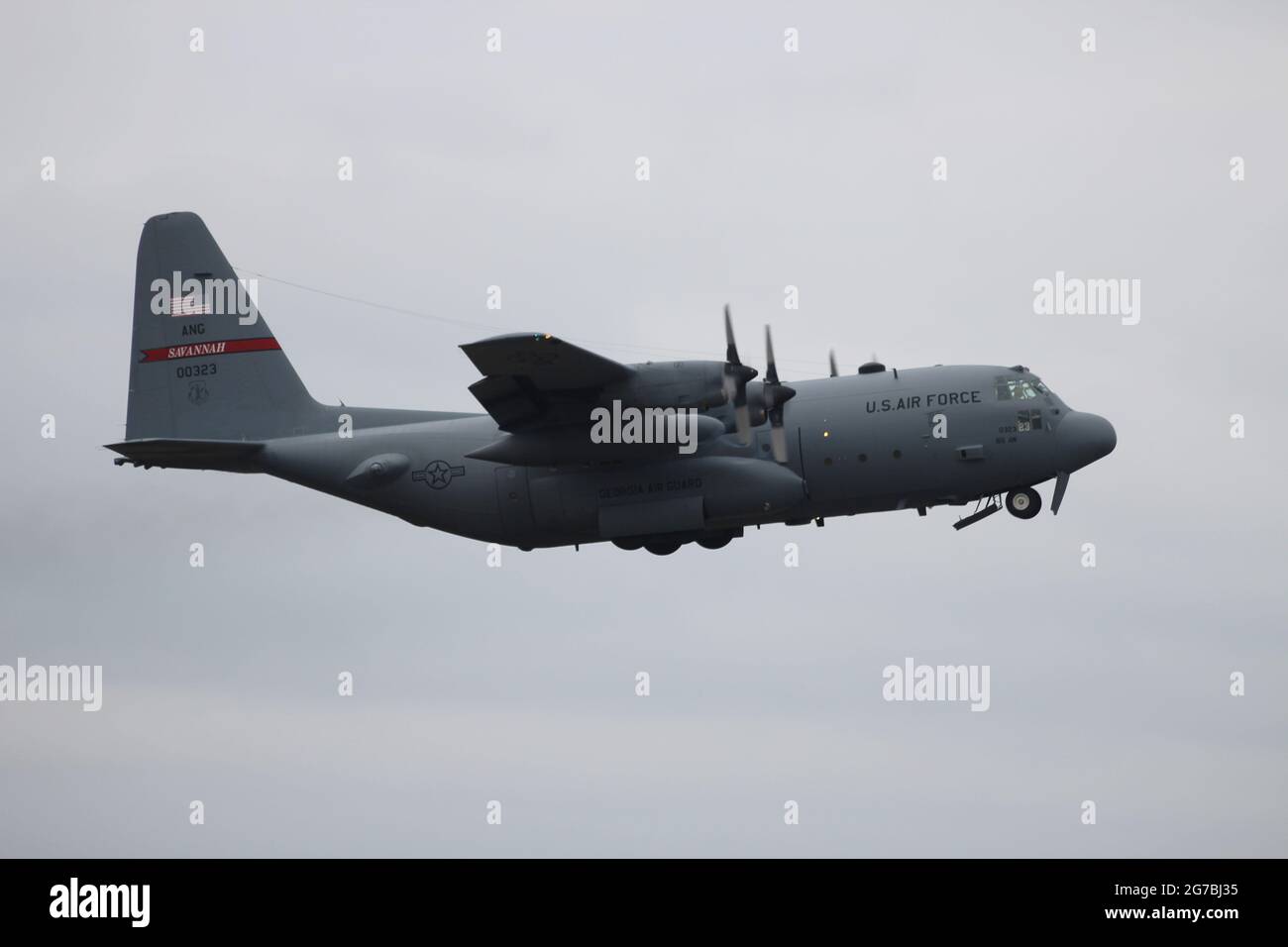 80-0323, a Lockheed C-130H Hercules operated by the United States Air Force (Georgia Air National Guard), at Prestwick Airport in Ayrshire, Scotland. Stock Photo