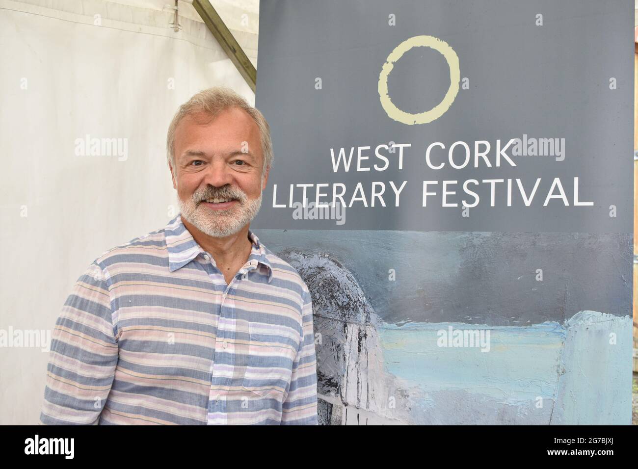 Bantry, West Cork, Ireland. 12th July 2021. West Cork Literary Festival last day of live outdoor events featuring numerous writers. Pictured below book writer and presenter Graham Norton who was interviewed by Liz Nugent during the West Cork Literary festival 2021. Credit: Karlis Dzjamko/Alamy Live News Stock Photo