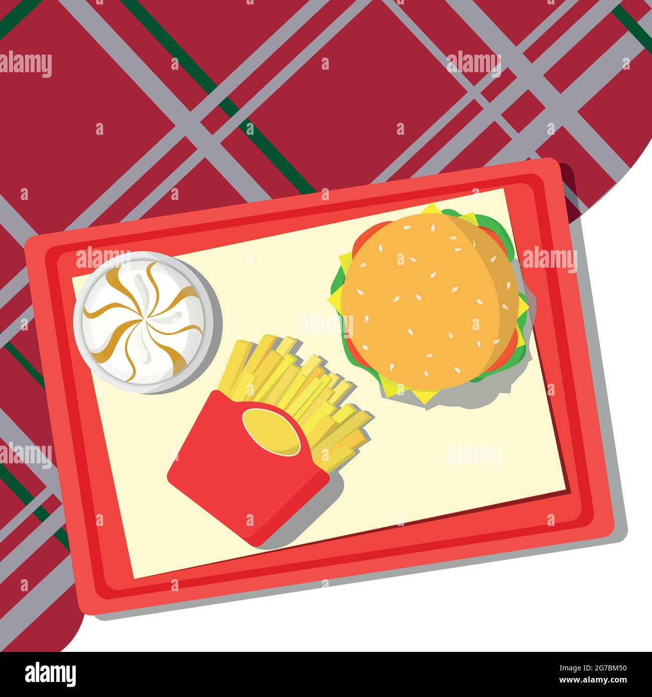 Fast food lying on a tray, checkered tablecloth - Vector illustration Stock Vector