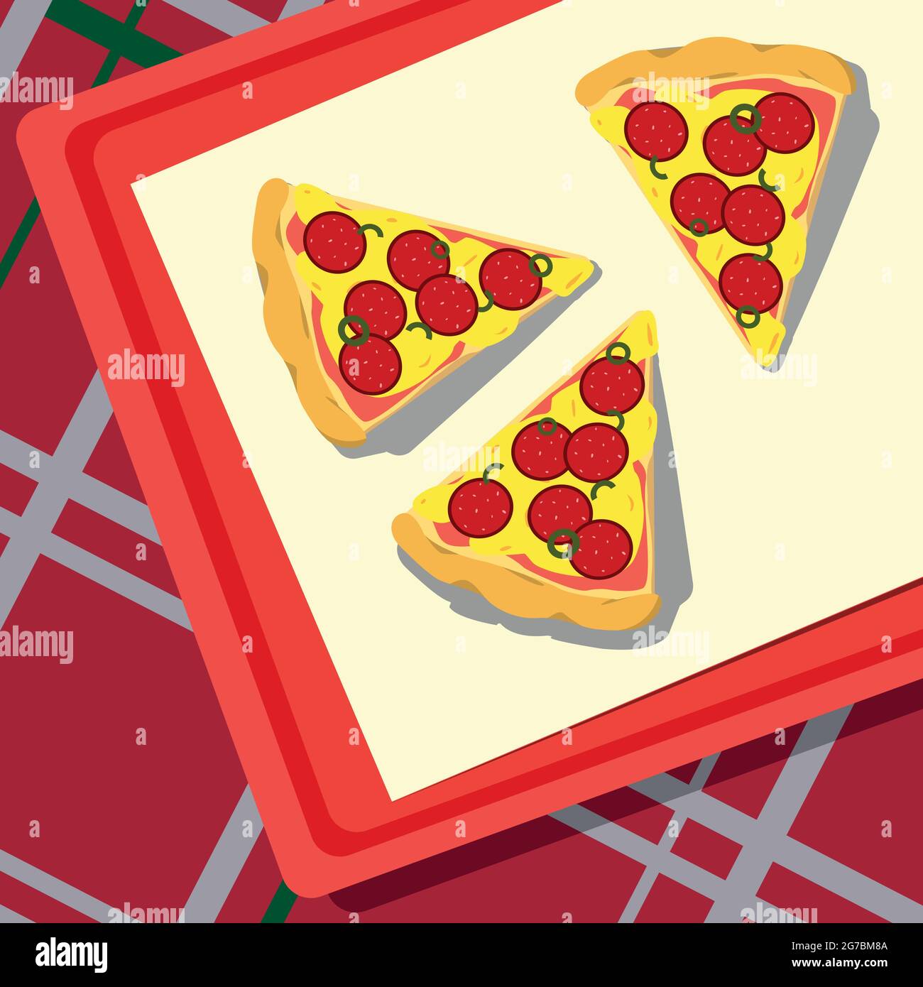 Pizza lying on a tray, checkered tablecloth - Vector illustration Stock Vector