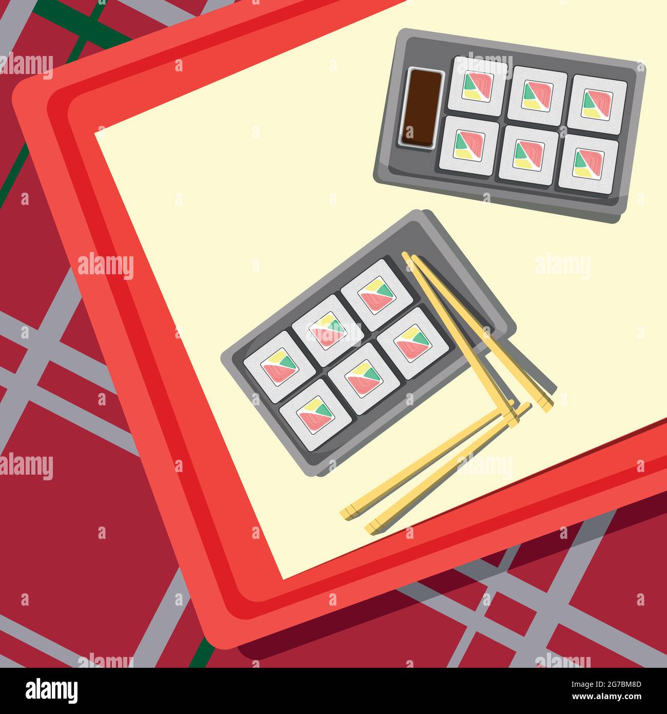 Set for rolls lying on a tray, checkered tablecloth - Vector illustration Stock Vector