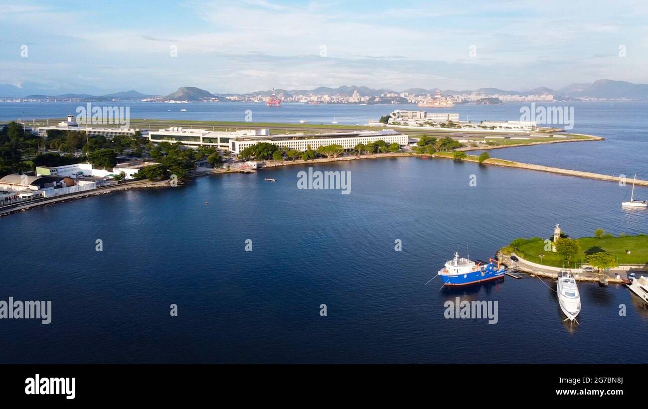 An aerial view of Santos Dumont Airport in Rio de Janeiro at the Guanabara Bay Stock Photo