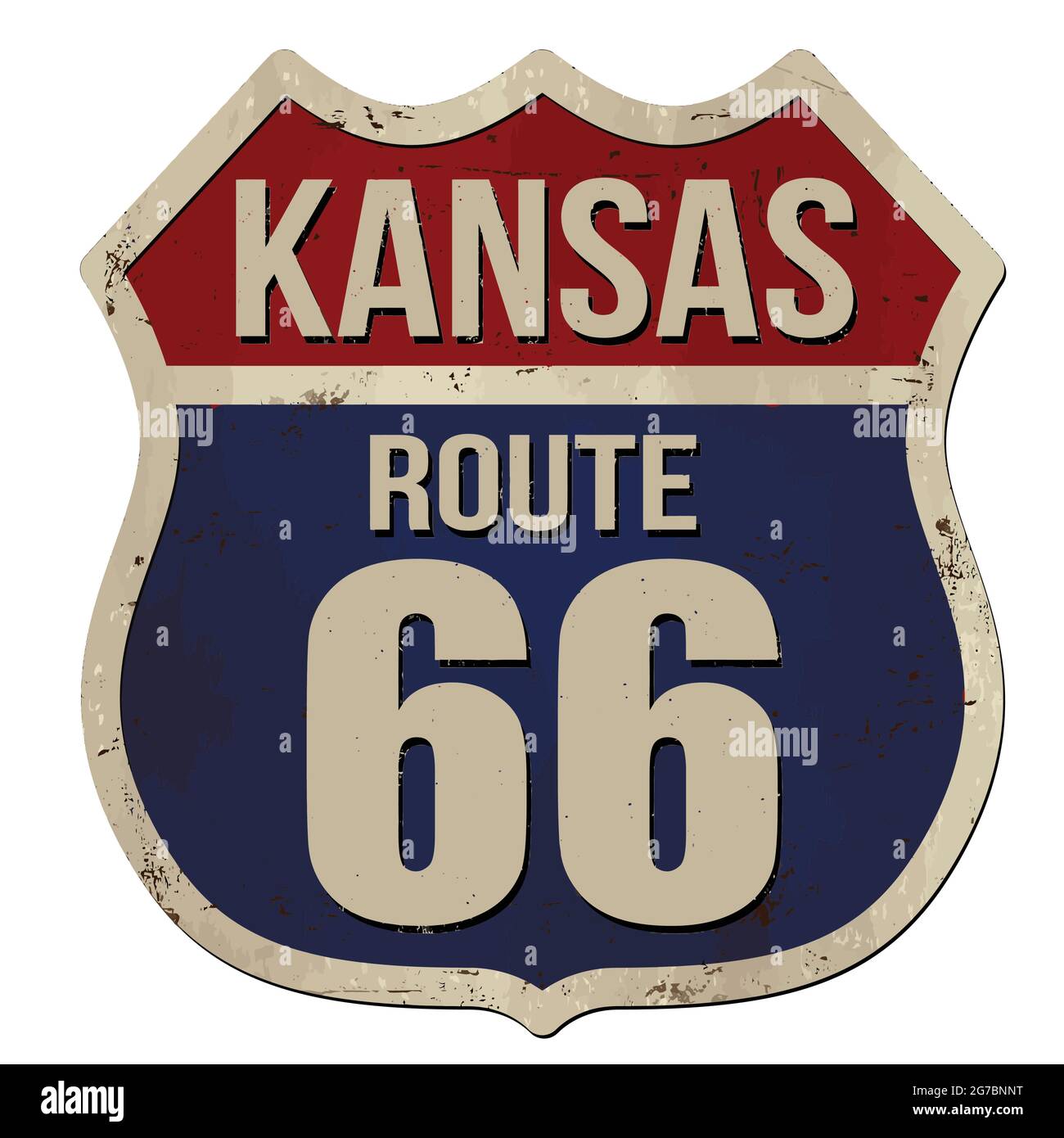 Kansas, Route 66 vintage rusty metal sign on white background, vector