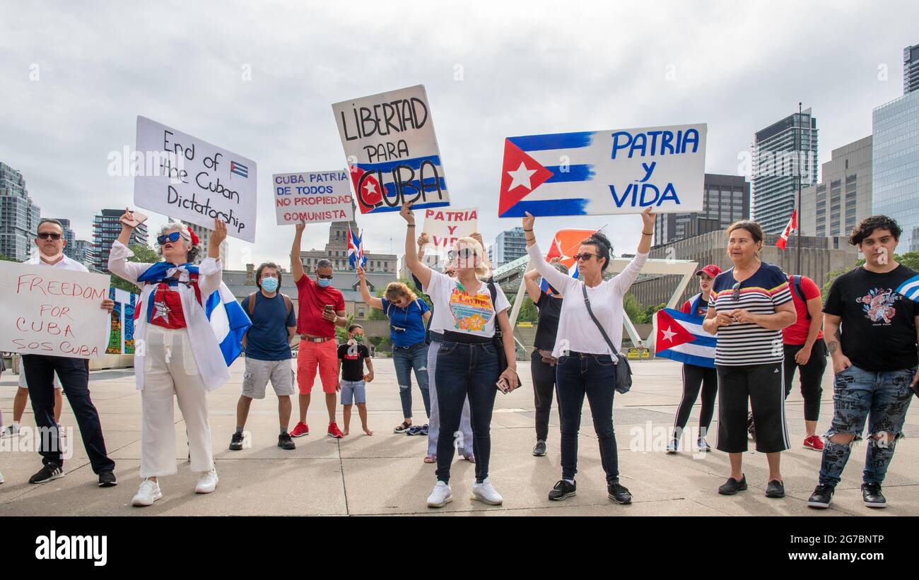 Members of the Cuban community in Toronto, Canada demonstrate in
