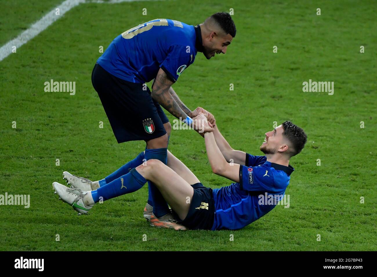 London, UK. 11th July, 2021. Emerson Palmieri Dos Santos and Jorge Luiz Frello Filho Jorginho of Italy celebrate the victory at the end of the Uefa Euro 2020 Final football match between Italy and England at Wembley stadium in London (England), July 11th, 2021. Photo Andrea Staccioli/Insidefoto Credit: insidefoto srl/Alamy Live News Stock Photo