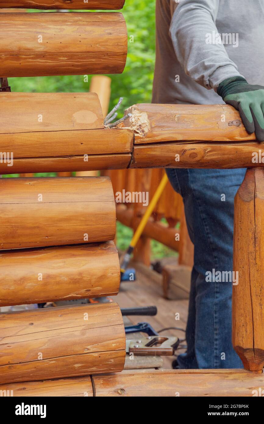 Close-up of Building Construction on a Log Cabin Stock Photo