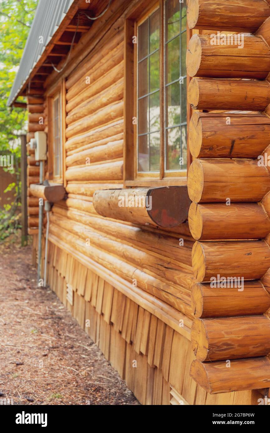 Side of Building Exterior of Log Cabin Stock Photo