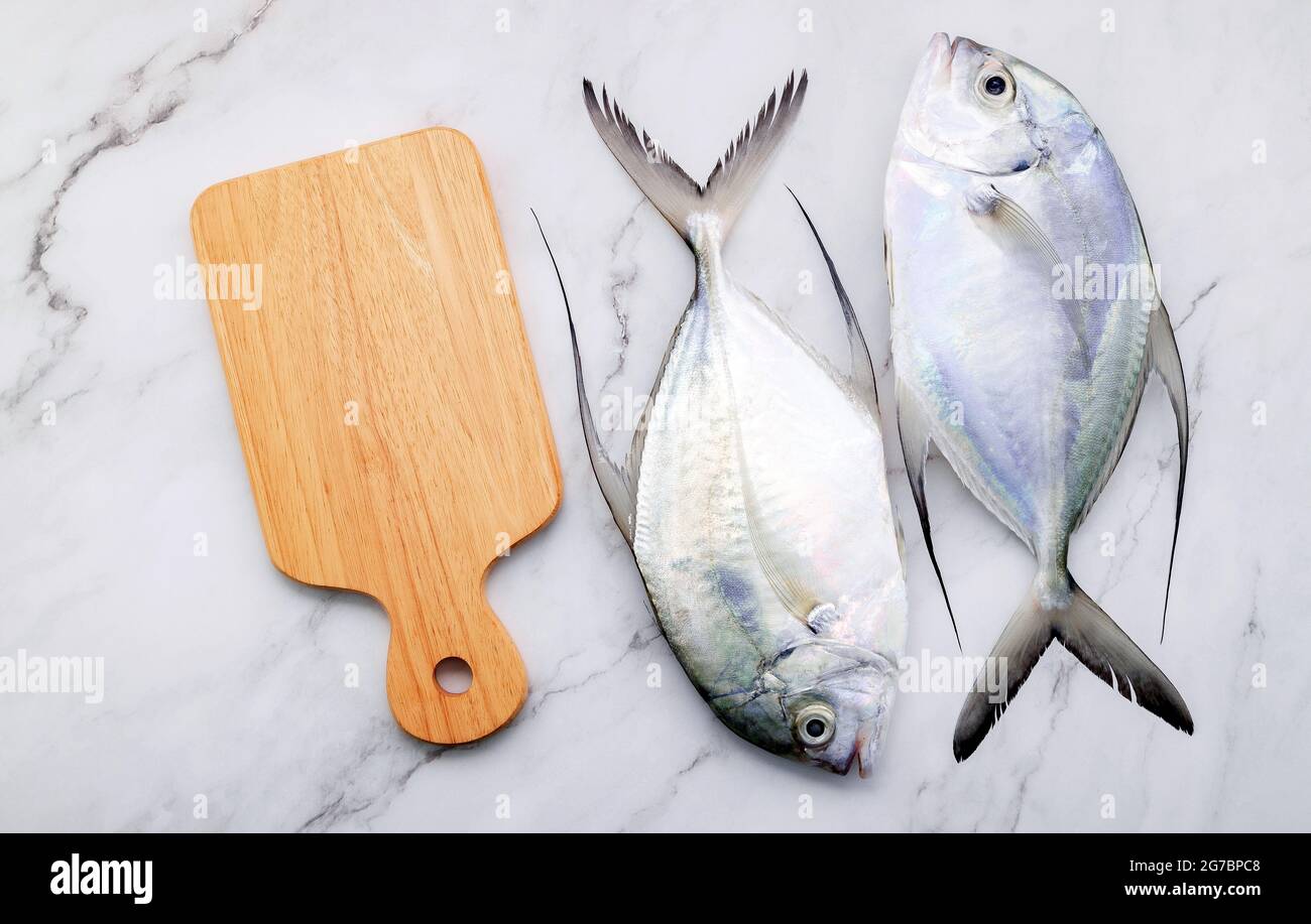 Fresh Longfin trevally fish set up on white marble kitchen table