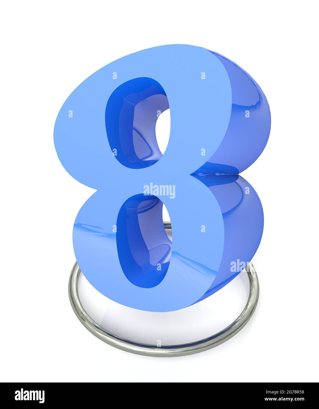 Number 8 blue over metallic circle on white background - 3D rendering illustration Stock Photo