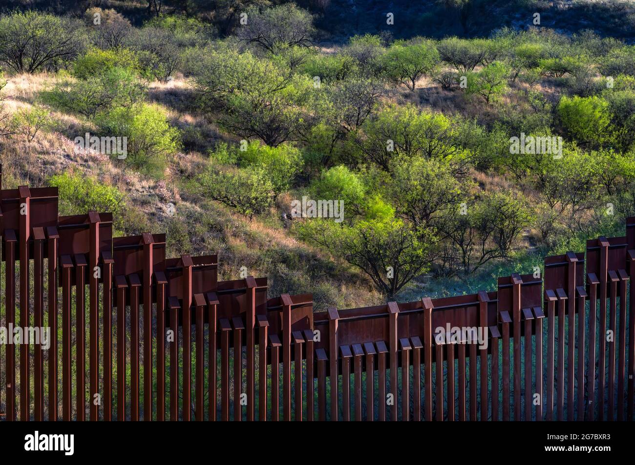 US border fence on the Mexico border, east of Nogales Arizona USA and Nogales Sonora Mexico, viewed from US side. This type of barrier is “bollard” st Stock Photo