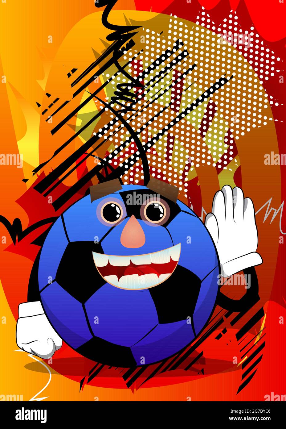 Soccer ball holds hand at his ear, listening. Traditional football ball