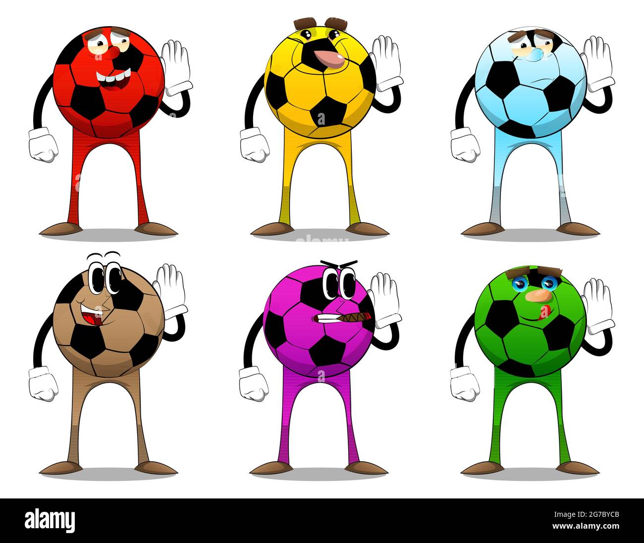 Soccer ball holds hand at his ear, listening. Traditional football ball