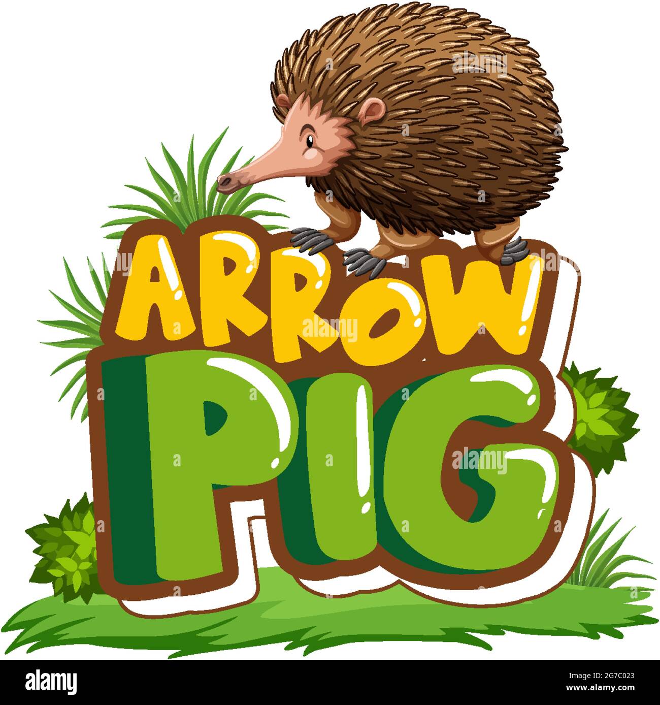 Echidna cartoon character with Arrow Pig font banner isolated illustration Stock Vector