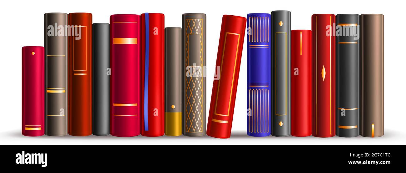 Row of books on shelf in library, store, school or home. Vector realistic illustration of literature stack in vintage cover with golden decor, bookshelf isolated on white background Stock Vector