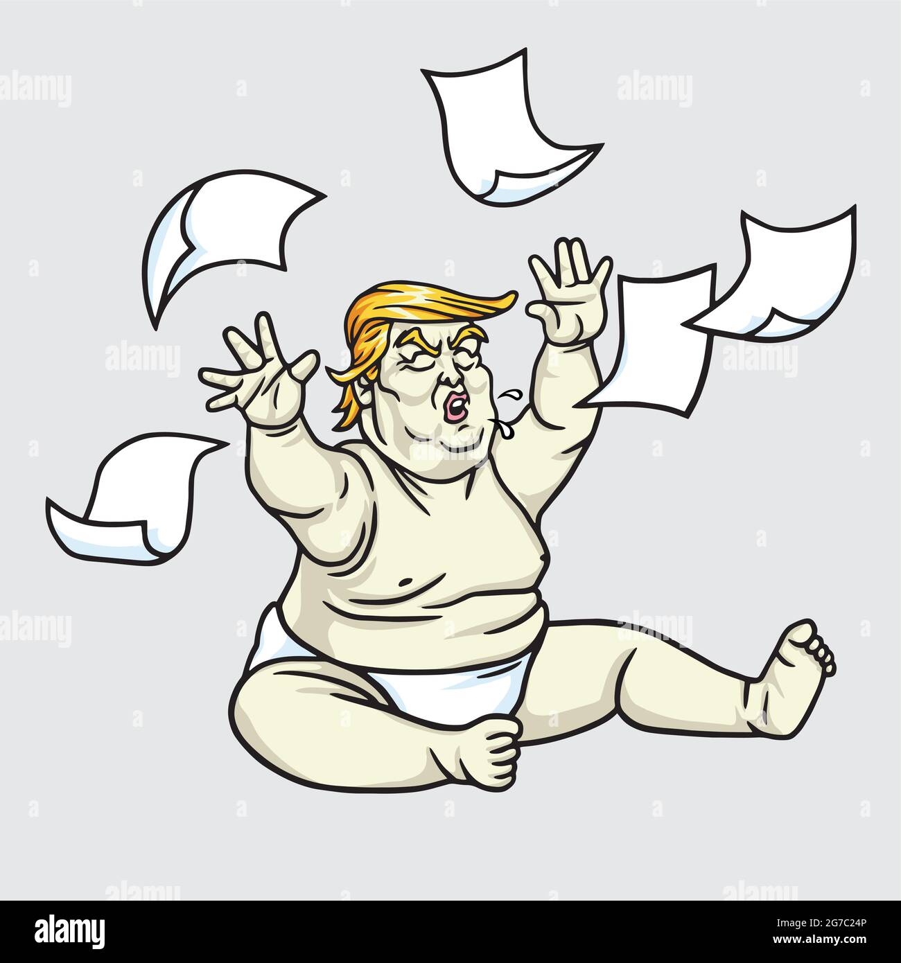 Donald Trump the Big Baby with Messy Papers Cartoon Illustration Stock Vector